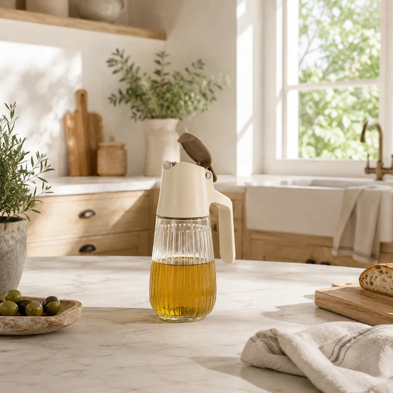 Bouteille d'huile en polypropylène crème et verre