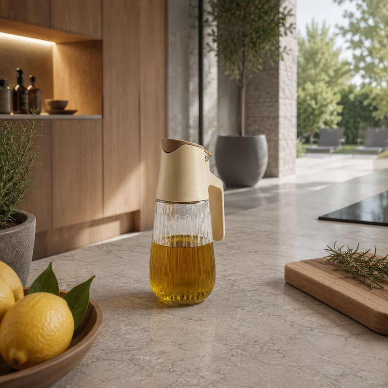 Bouteille d'huile en polypropylène crème et verre