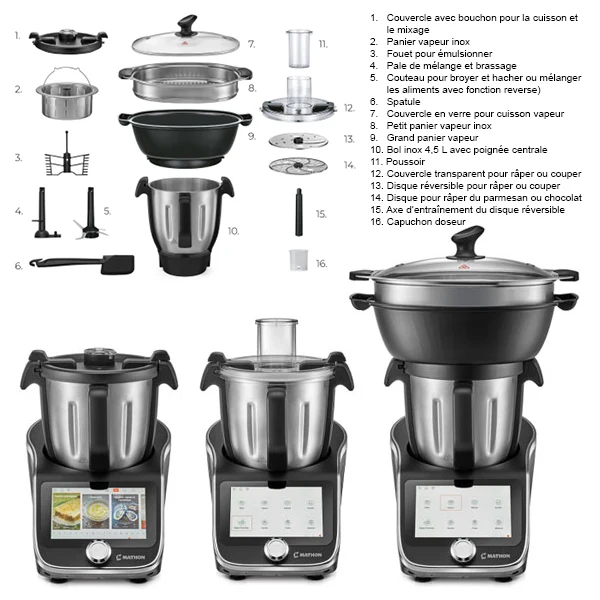 Lot robot cuiseur multifonction 4,5 L 1000 W et 2 bols inox avec couvercles Mathon