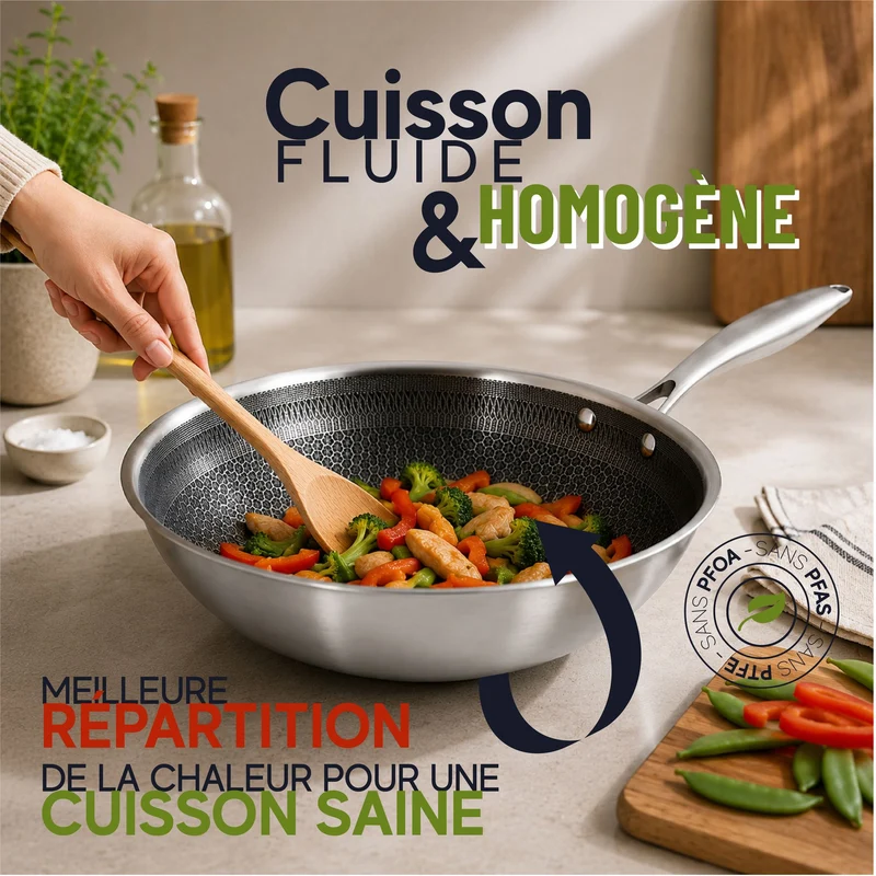 Wok Trinox Ø28 cm en acier inoxydable avec revêtement antiadhésif sans PFAS