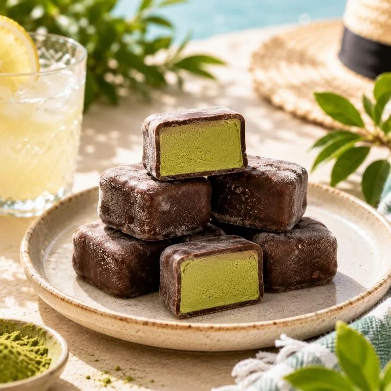 Bouchées glacées au matcha enrobées chocolat