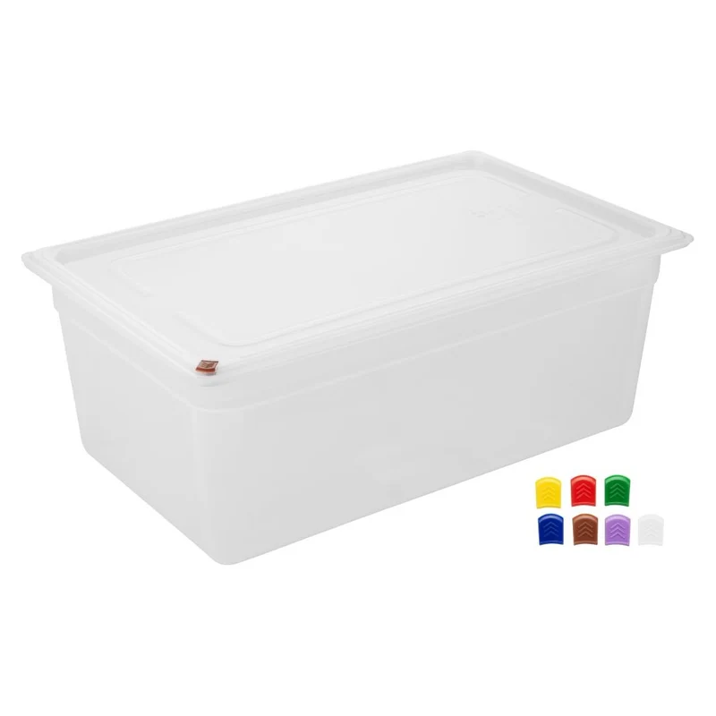 Bacs PP Hygiplas Click GN 1/1 avec couvercles et 7 clips de couleur 200mm 25,6L (lot de 2)