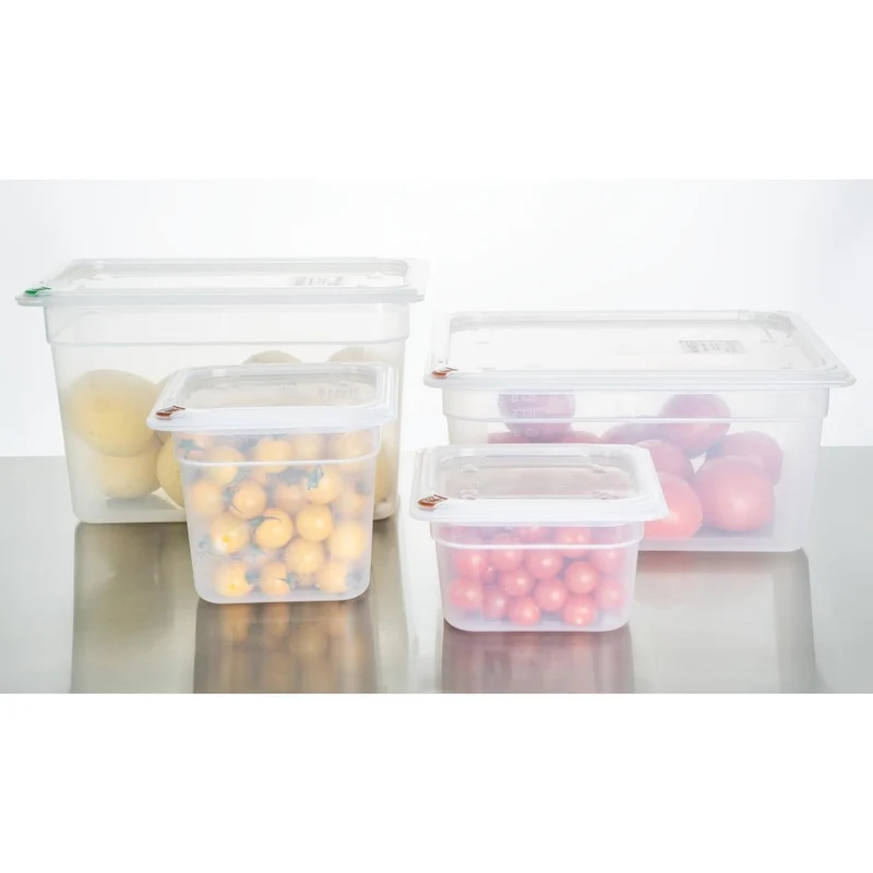Bacs PP Hygiplas Click GN 1/1 avec couvercles et 7 clips de couleur 200mm 25,6L (lot de 2)