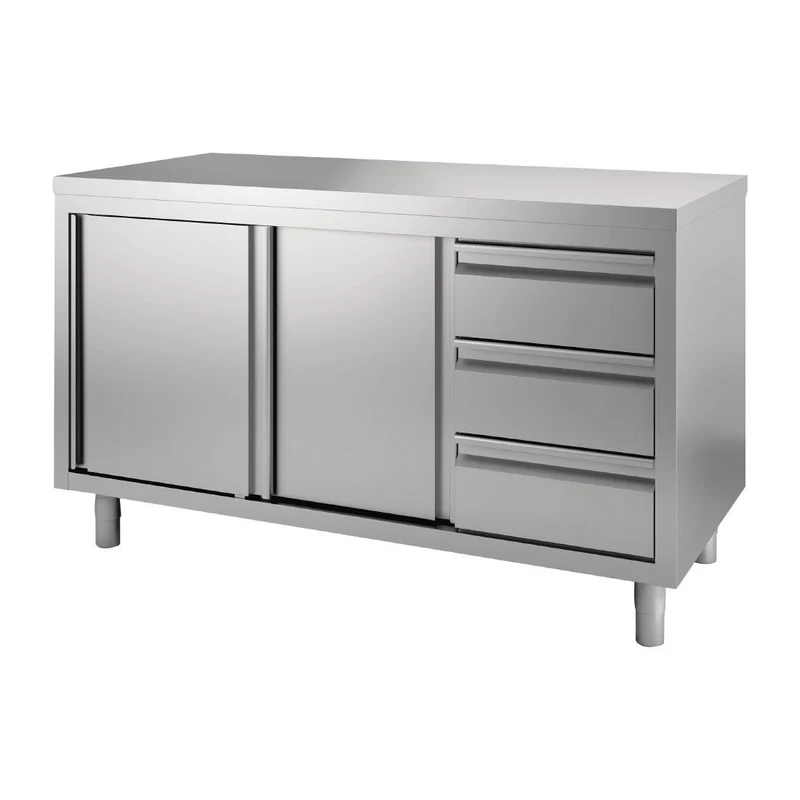 Table armoire inox avec portes coulissantes et 3 tiroirs à droite Gastro M 1600 x 700 x 850/900mm