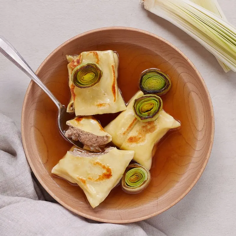 Maultaschen canard et poireaux