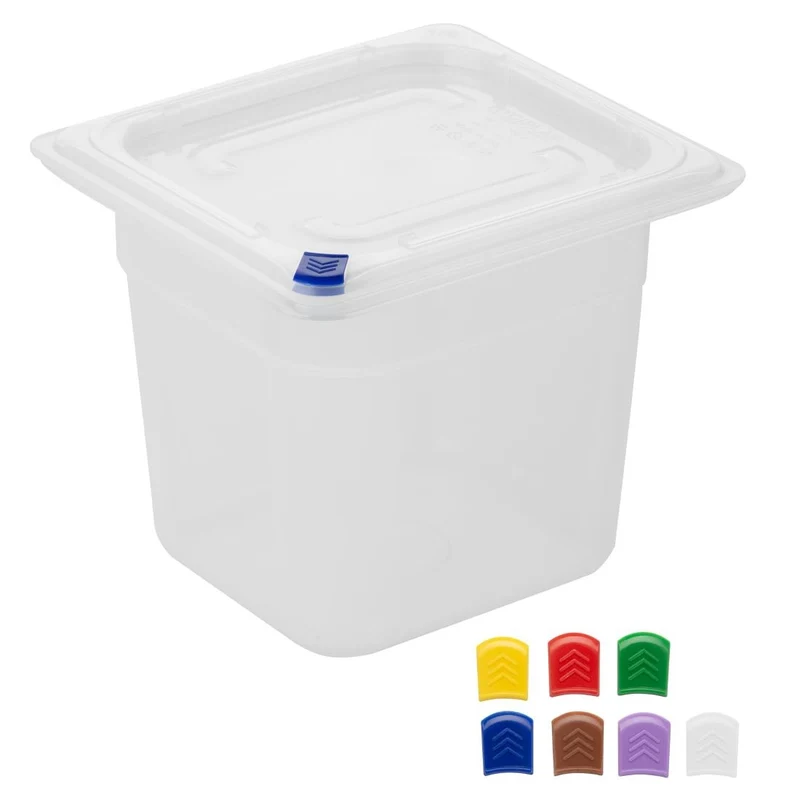 Bacs PP Hygiplas Click GN 1/6 avec couvercles et 7 clips de couleur 150mm 2,2L (lot de 4)