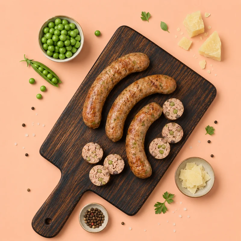3 Saucisses au risotto de pois verts et parmesan (porc)