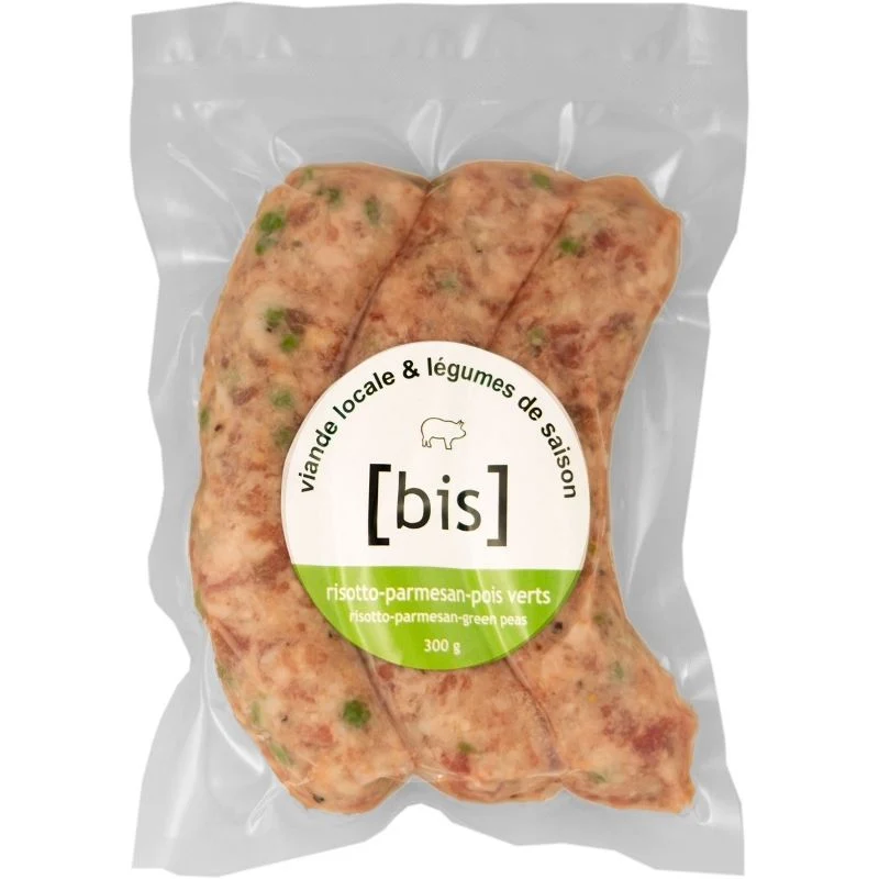 3 Saucisses au risotto de pois verts et parmesan (porc)