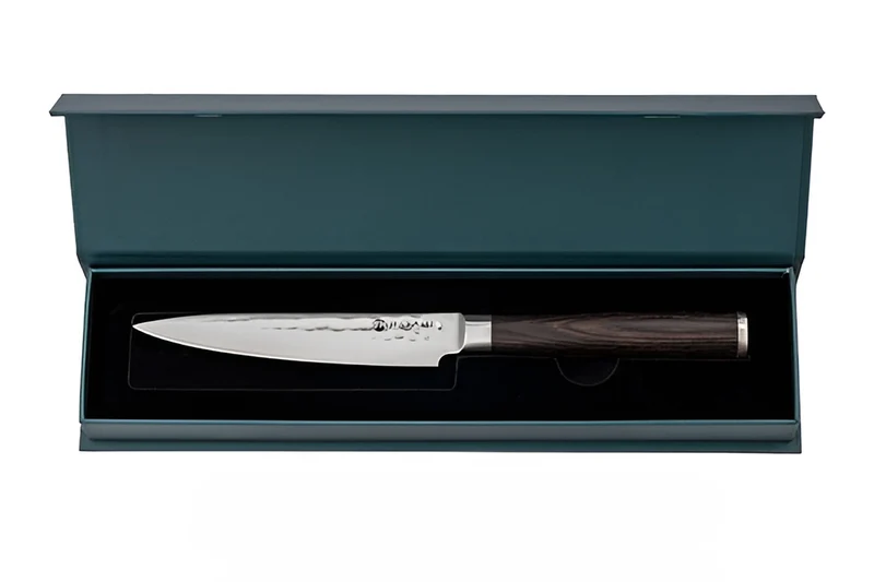 Couteau universel 12cm Hakami Sakura lame martelée et manche pakkawood marron
