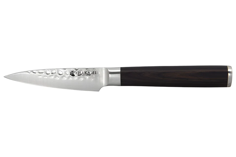 Couteau d'office 9cm Hakami Sakura lame martelée et manche pakkawood marron