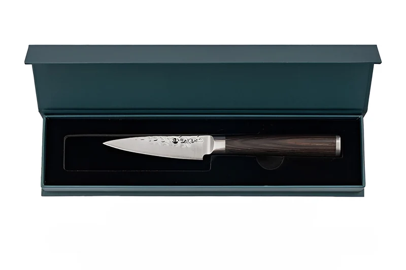 Couteau d'office 9cm Hakami Sakura lame martelée et manche pakkawood marron