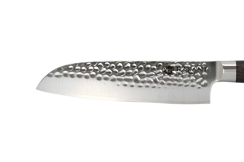 Couteau santoku 18cm Hakami Sakura lame martelée et manche pakkawood marron
