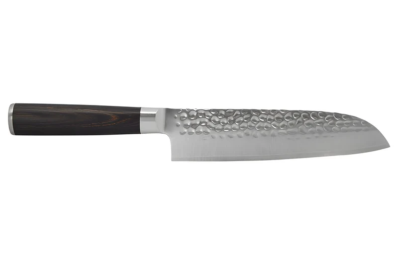 Couteau santoku 18cm Hakami Sakura lame martelée et manche pakkawood marron