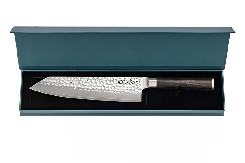 Couteau bunka 20cm Hakami Sakura lame martelée et manche pakkawood marron