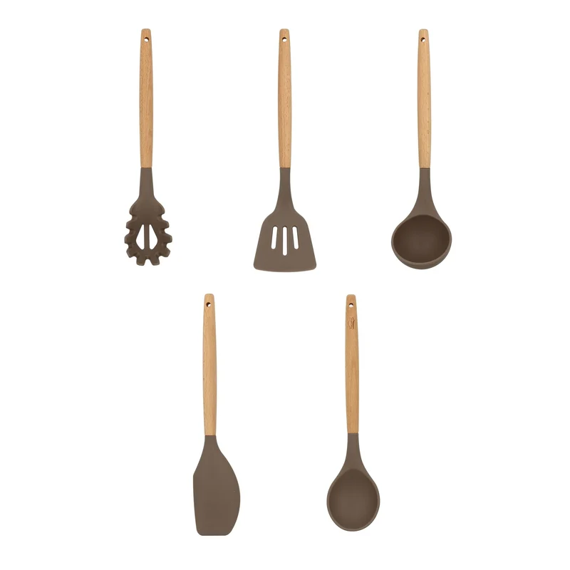 Set de 5 ustensiles Eliott en silicone avec manche en bois