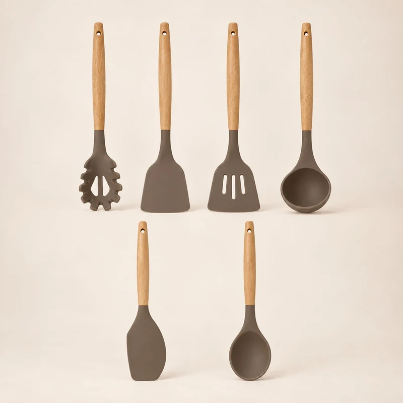 Set de 5 ustensiles Eliott en silicone avec manche en bois