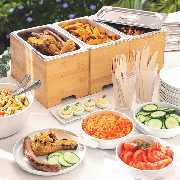 Lot de 2 bacs gastro avec couvercles en inox et supports bambou Mathon