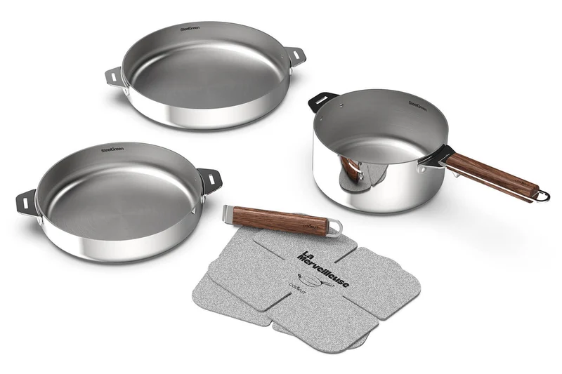 Coffret trio poêles et casserole Cookut La Merveilleuse en inox finition miroir