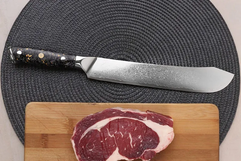 Couteau de boucher Wusaki Sakin Damas 10Cr 22cm manche en fibre de carbone et feuille d'or