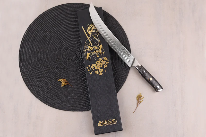 Couteau à découper Wusaki Sakin Damas 10Cr 25cm manche en fibre de carbone et feuille d'or
