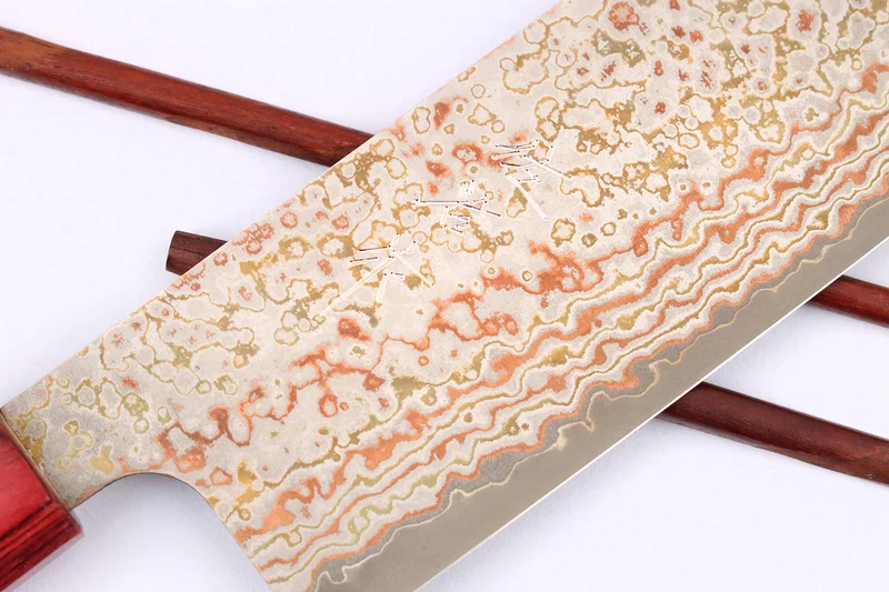 Couteau nakiri 16cm japonais artisanal Takeshi Saji VG10 Rainbow Nashiji