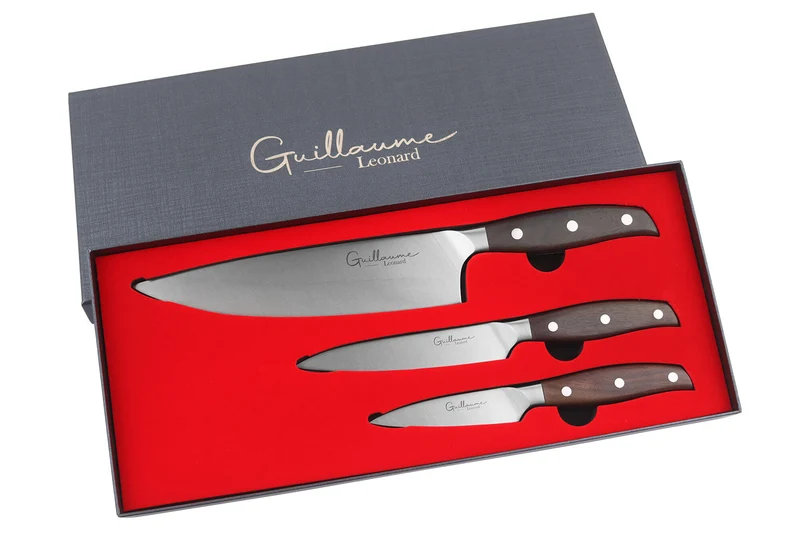 Coffret 3 couteaux Guillaume Leonard Cuistot acier inoxydable et santal rouge Chef + Office + Universel
