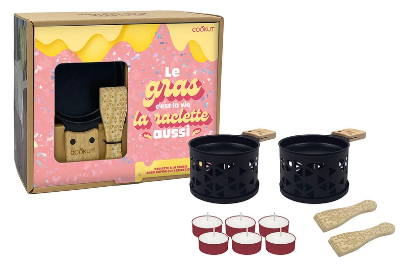 Service à raclette à la bougie Cookut Lumi pour 2 motif origami noir - Le gras c'est la vie