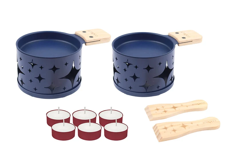 Service à raclette à la bougie Cookut Lumi pour 2 motif feuilles bleu - Ne promettez pas la Lune