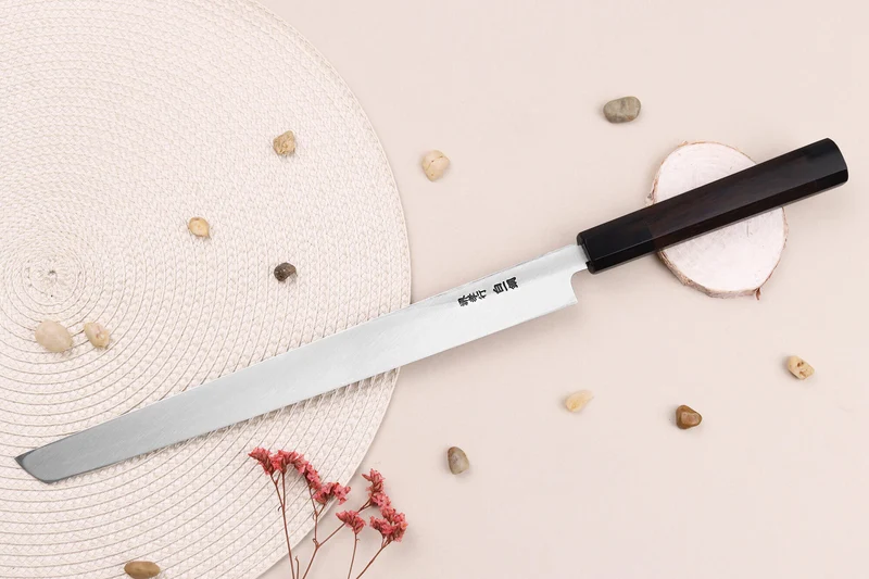 Couteau sakimaru takohiki japonais artisanal 30cm Sakai Takayuki Byakko manche en ébène + étui