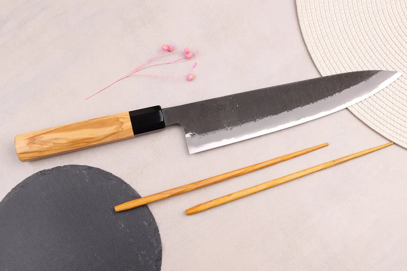 Couteau de chef 24cm japonais artisanal Hinoura Mutsumi Ajikataya Black Nashiji