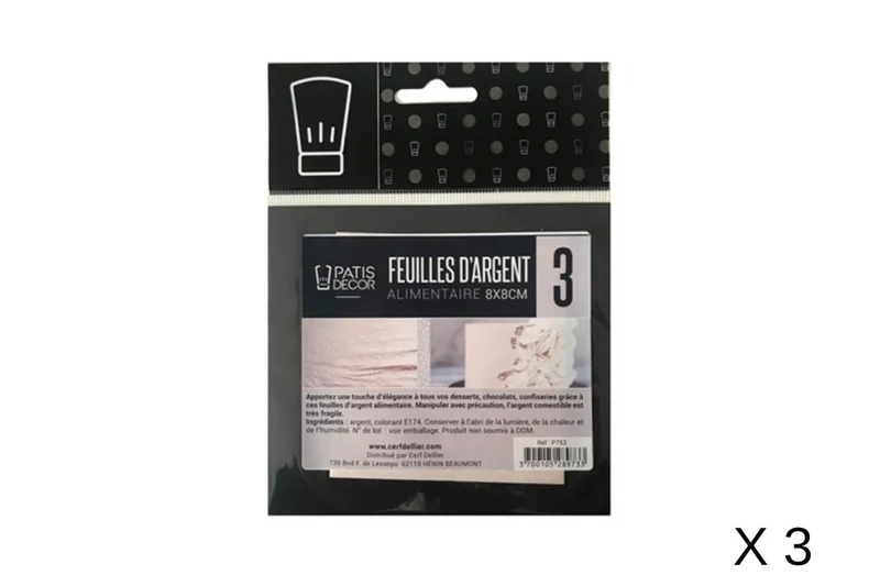 Set de 3 feuilles d'argent alimentaire Patisdécor 8x8cm