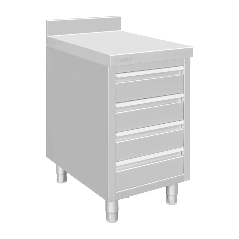 Plan de travail 4 tiroirs en inox Vogue avec dosseret de 100 mm