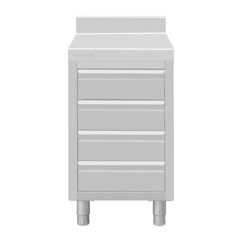 Plan de travail 4 tiroirs en inox Vogue avec dosseret de 100 mm