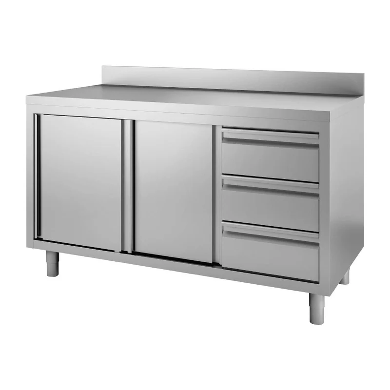 Table armoire inox avec dosseret 3 tiroirs à droite et portes à charnières Gastro M 850/900x1200x700mm