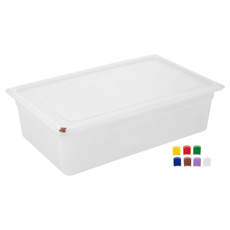 Bacs PP Hygiplas Click GN 1/1 avec couvercles et 7 clips de couleur 150mm 19,5L (lot de 2)