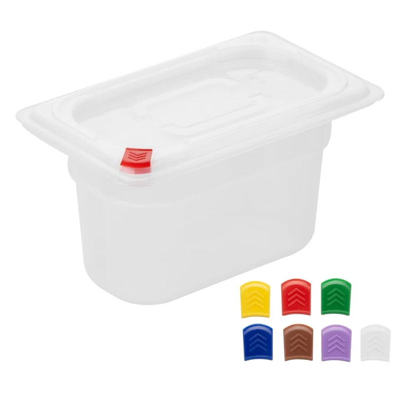 Bacs PP Hygiplas Click GN 1/9 avec couvercles et 7 clips de couleur 100mm 0,85L (lot de 4)
