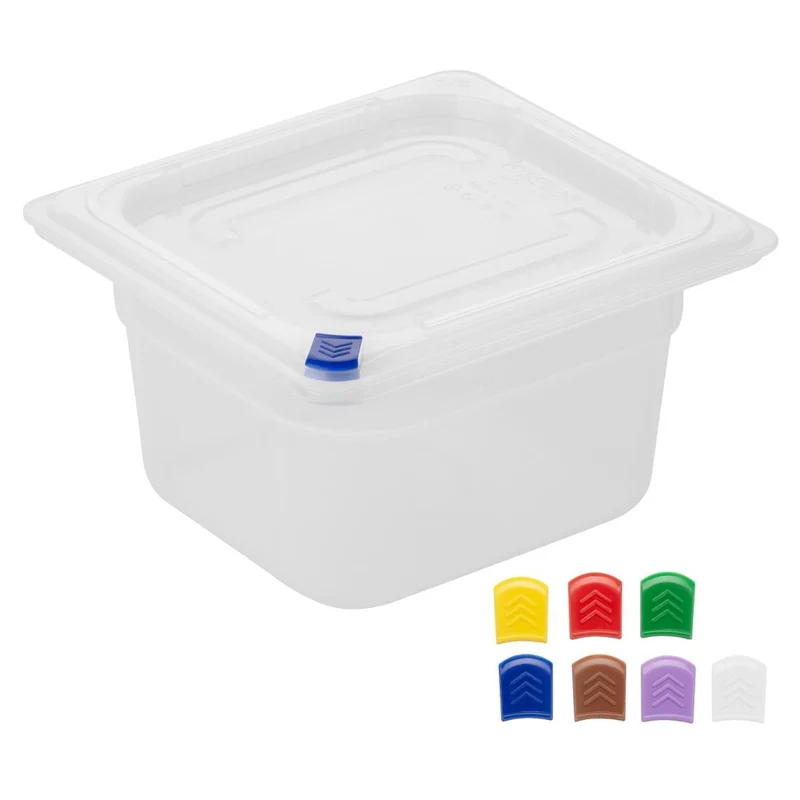 Bacs PP Hygiplas Click GN 1/6 avec couvercles et 7 clips de couleur 100mm 1,5L (lot de 4)