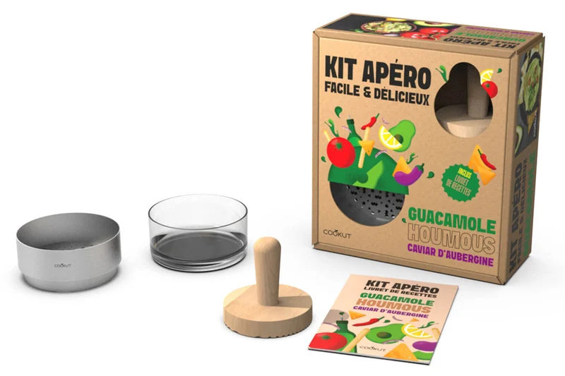 Kit cadeau apéro dip Cookut - 1 pilon + 1 grille en métal + 1 bol en verre + 1 livre de recettes
