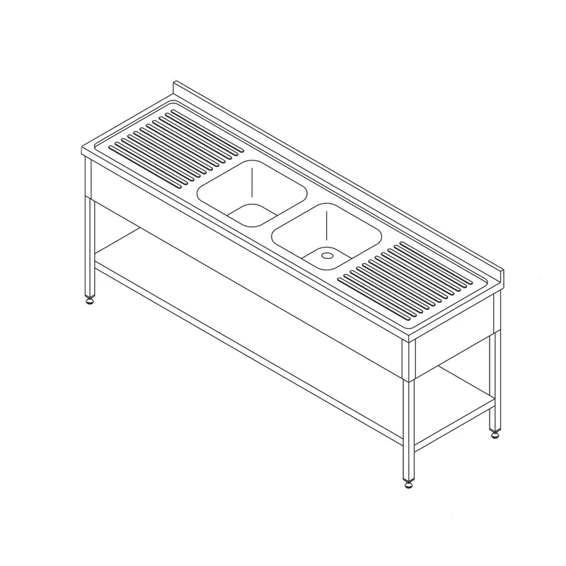 Table de lavage 210 x 70 cm - 2 éviers + dosseret + étagère - inox