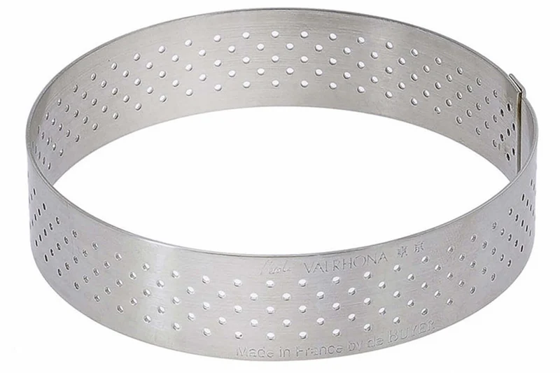 Cercle à tarte perforé inox De Buyer Valrhona bord droit hauteur 2cm